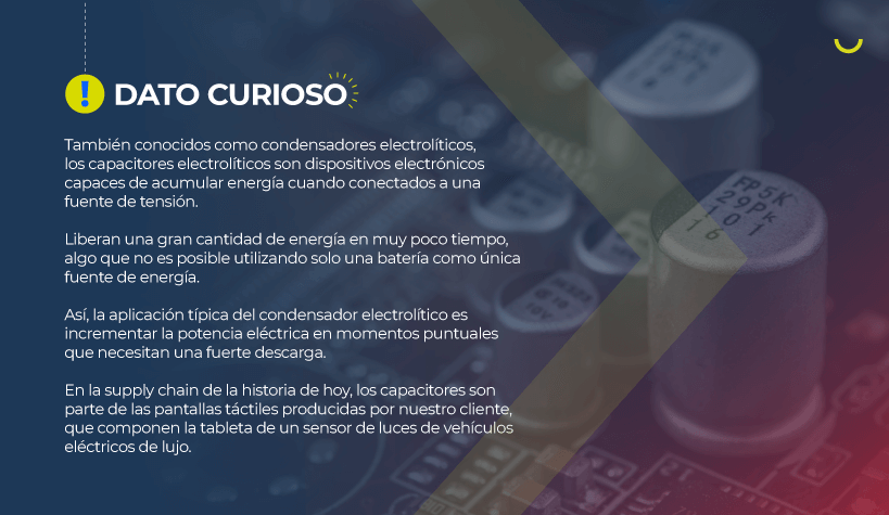 Sobre la imagen de un capacitor, tenemos un dato curioso: También conocidos como condensadores electrolíticos, los capacitores electrolíticos son dispositivos electrónicos capaces de acumular energía cuando conectados a una fuente de tensión. Liberan una gran cantidad de energía en muy poco tiempo, algo que no es posible utilizando solo una batería como única fuente de energía. Así, la aplicación típica del condensador electrolítico es incrementar la potencia eléctrica en momentos puntuales que necesitan una fuerte descarga. En la supply chain de la historia de hoy, los capacitores son parte de las pantallas táctiles producidas por nuestro cliente, que componen la tableta de un sensor de luces de vehículos eléctricos de lujo. 